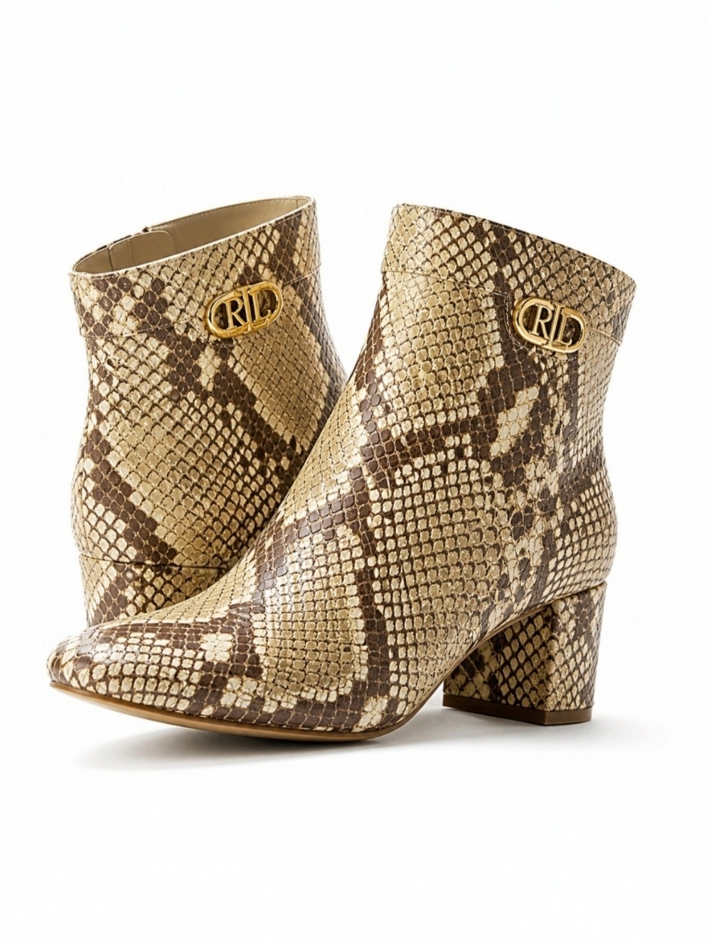 Ralph Lauren Wynne II Snake Print Leather Ankle Boots 10B Python Block Heel NIB